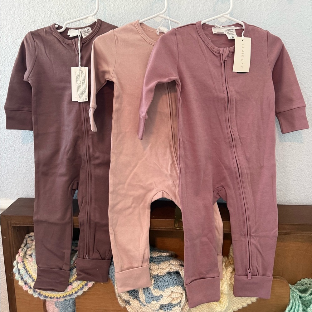 3 Jamie Kay Fold Over Feet Onesies 6-12 Month Pima Cotton NWT